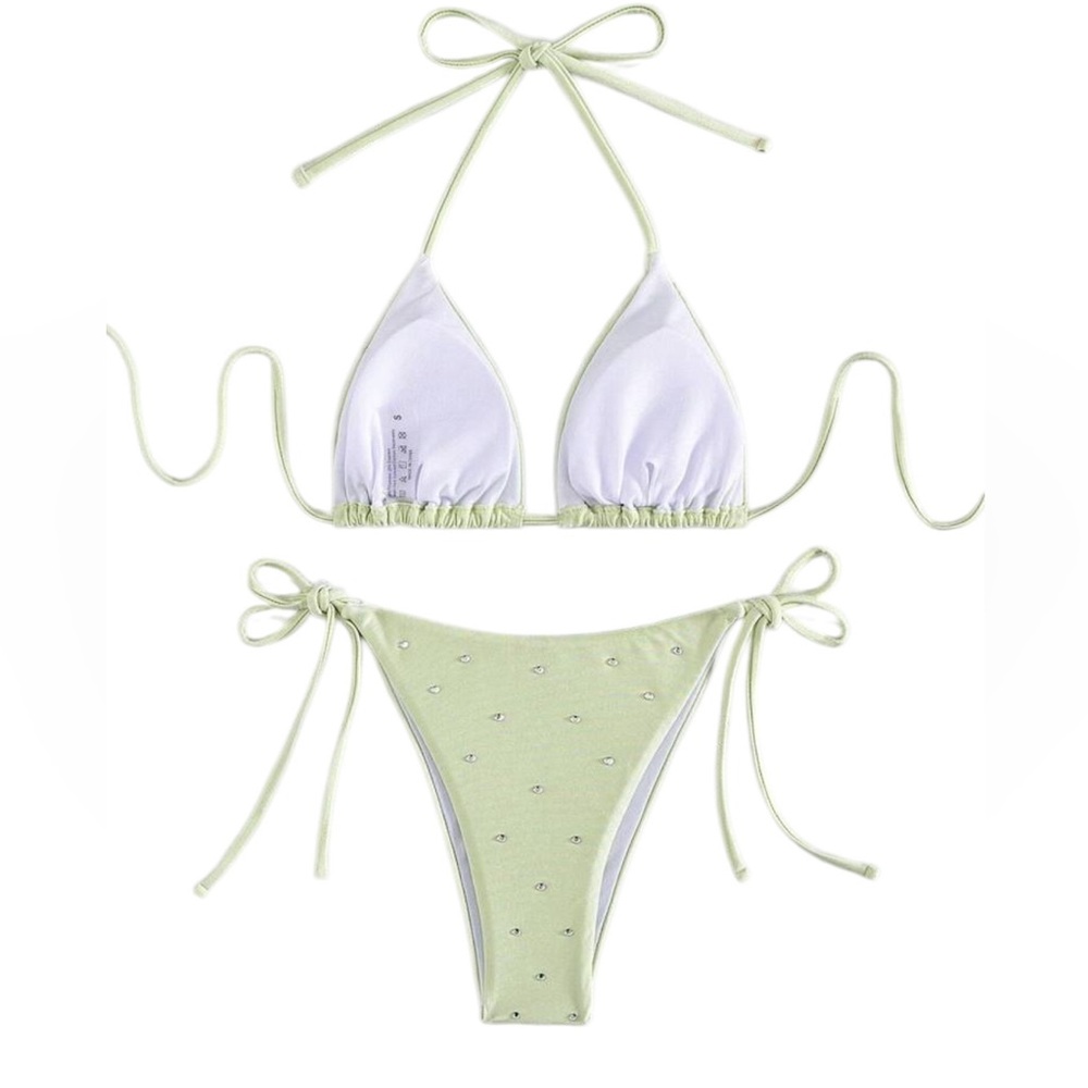 Nwt Light Green String Bikini With Rhinestone Acc… - image 4
